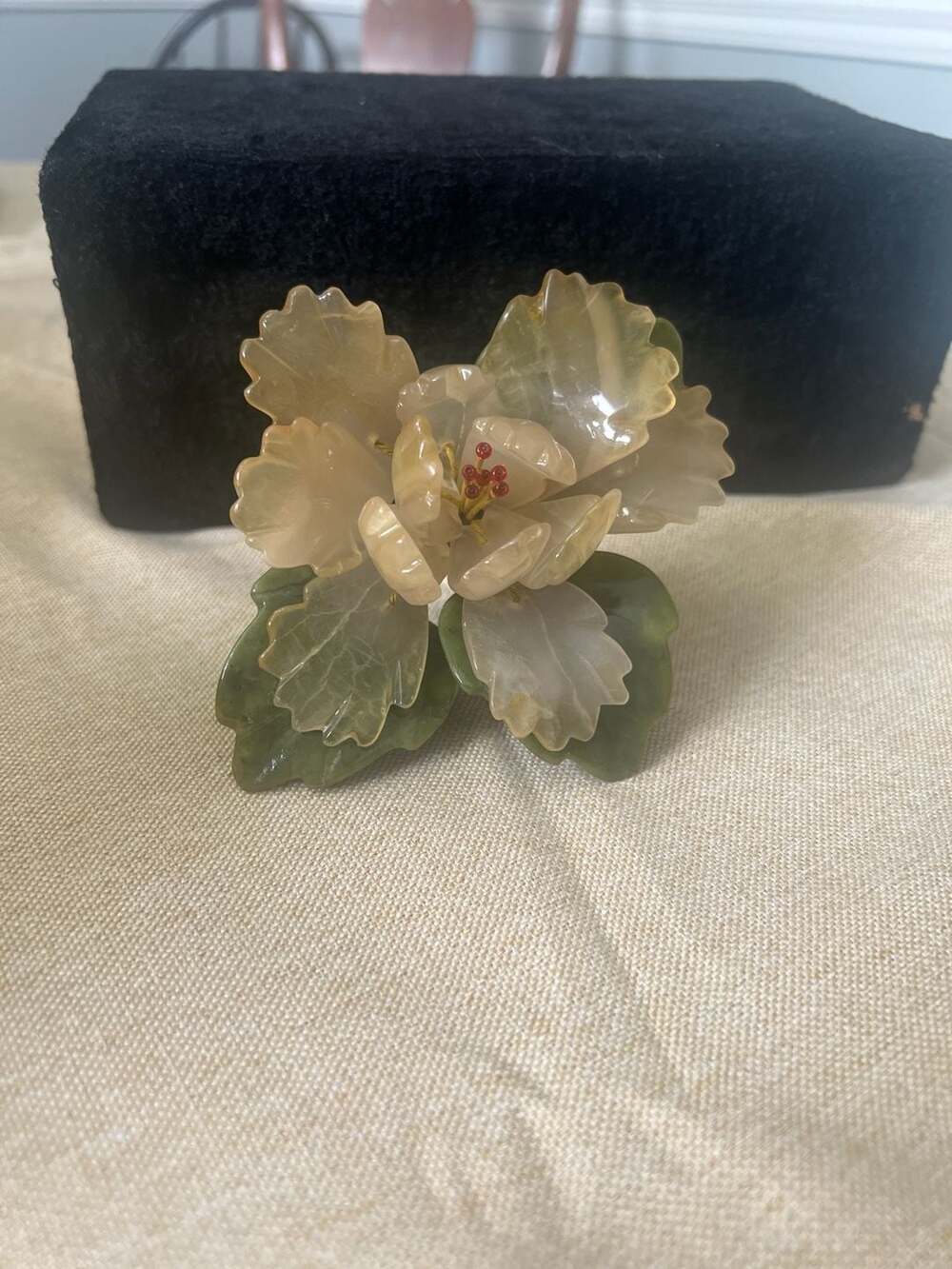 Vintage Chinese Carved Jade and Soapstone Flower Figurine with Silk Wrapped Stem